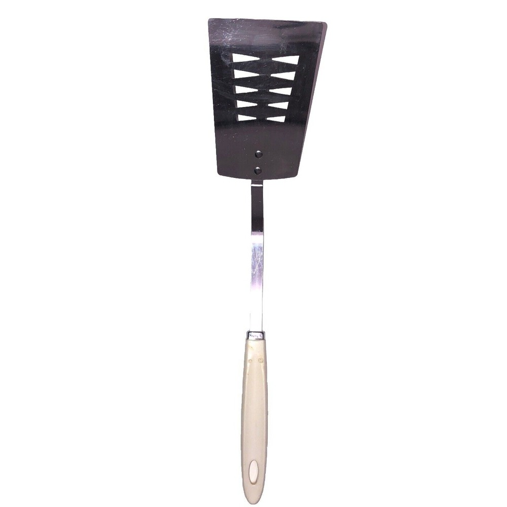 Vtg Androck Stainless Slotted Spatula Turner White Handle USA 14"β